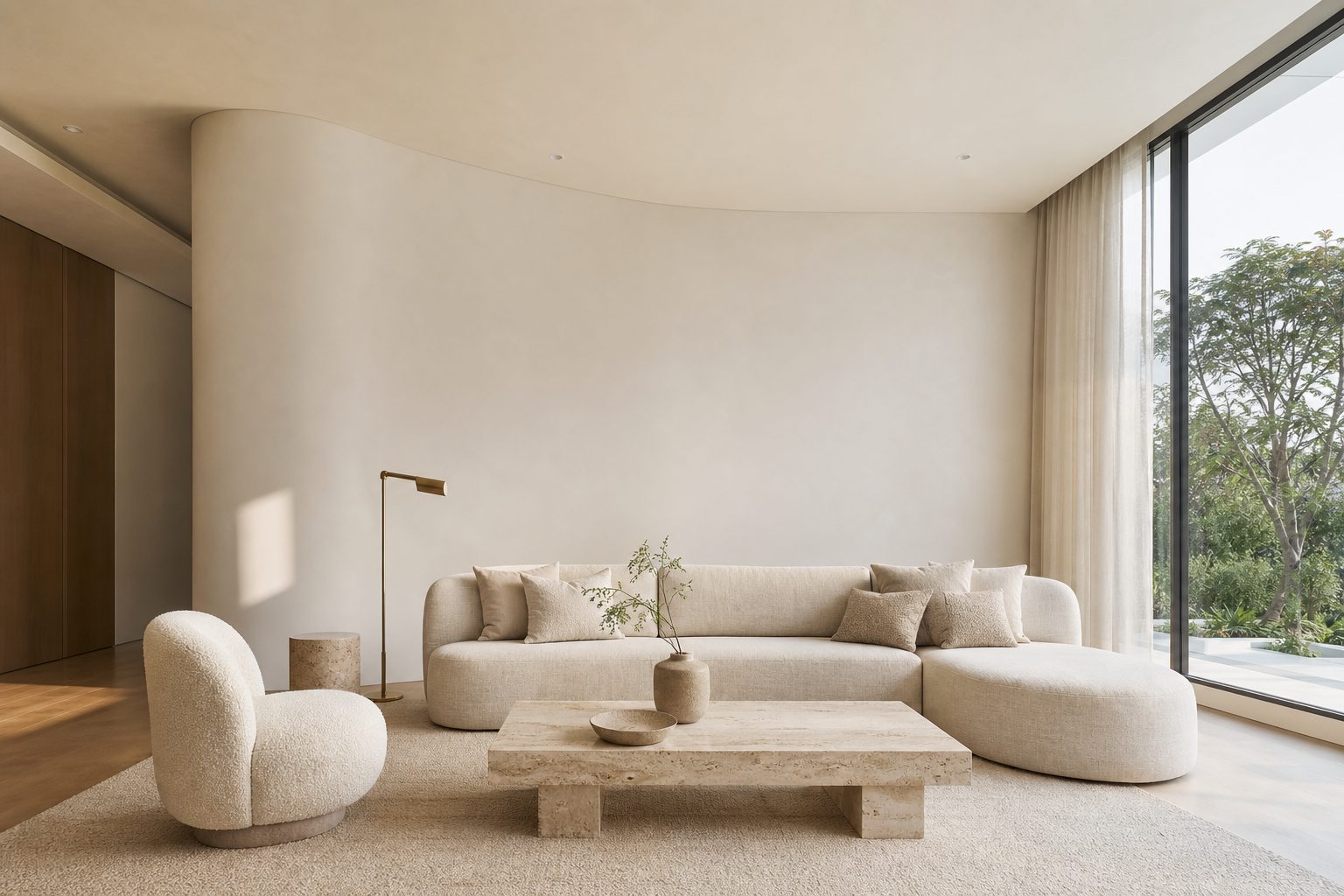 Bright contemporary Singapore living room with oak, travertine and brass detailing by CRÆFT & Co