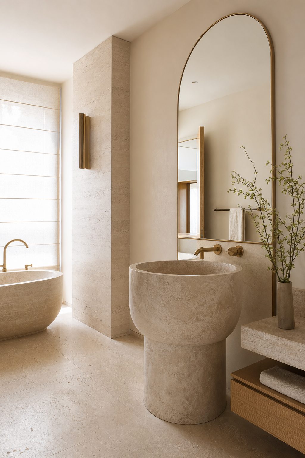 Travertine bathroom with brass fixtures