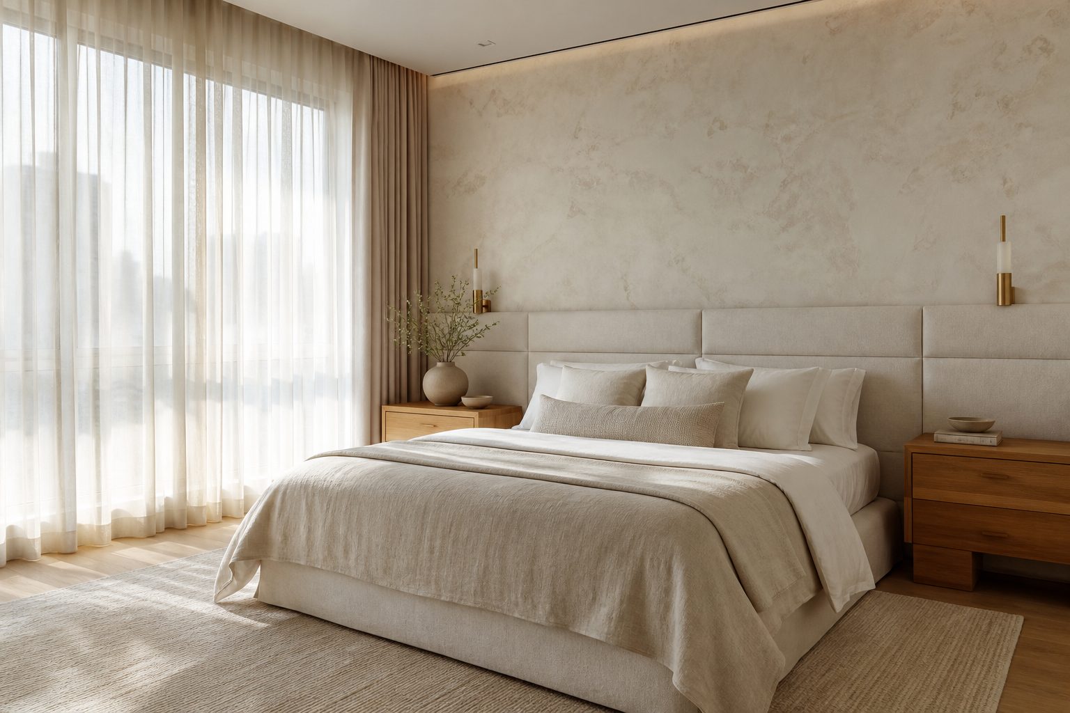 Warm bedroom with linen headboard