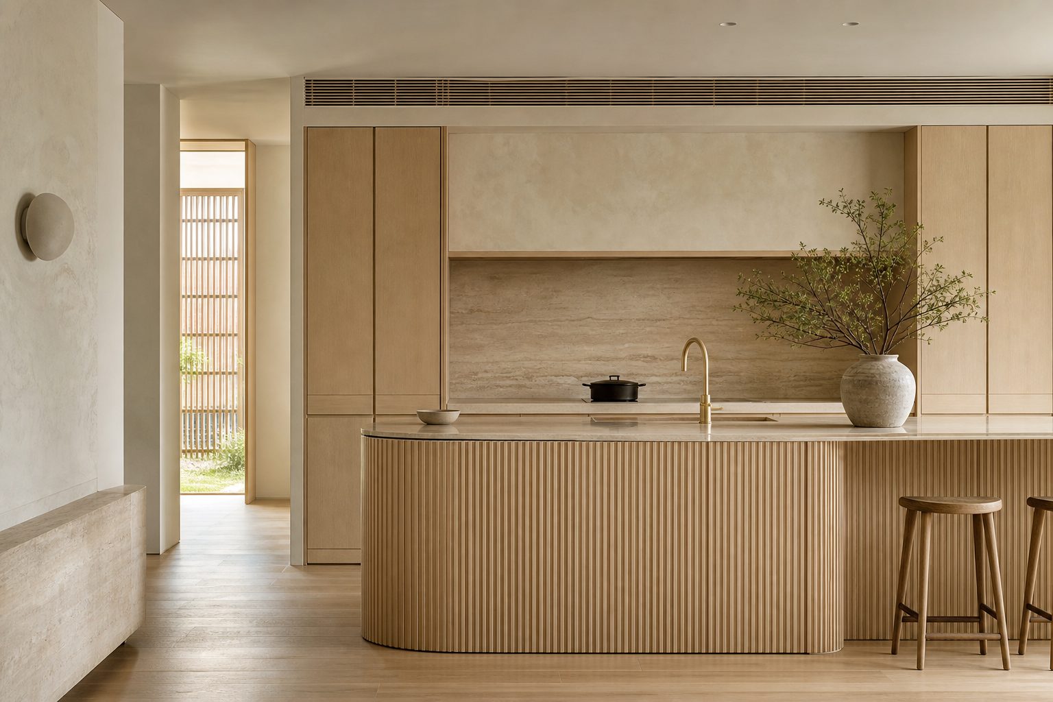 Fluted oak kitchen island with stone worktop