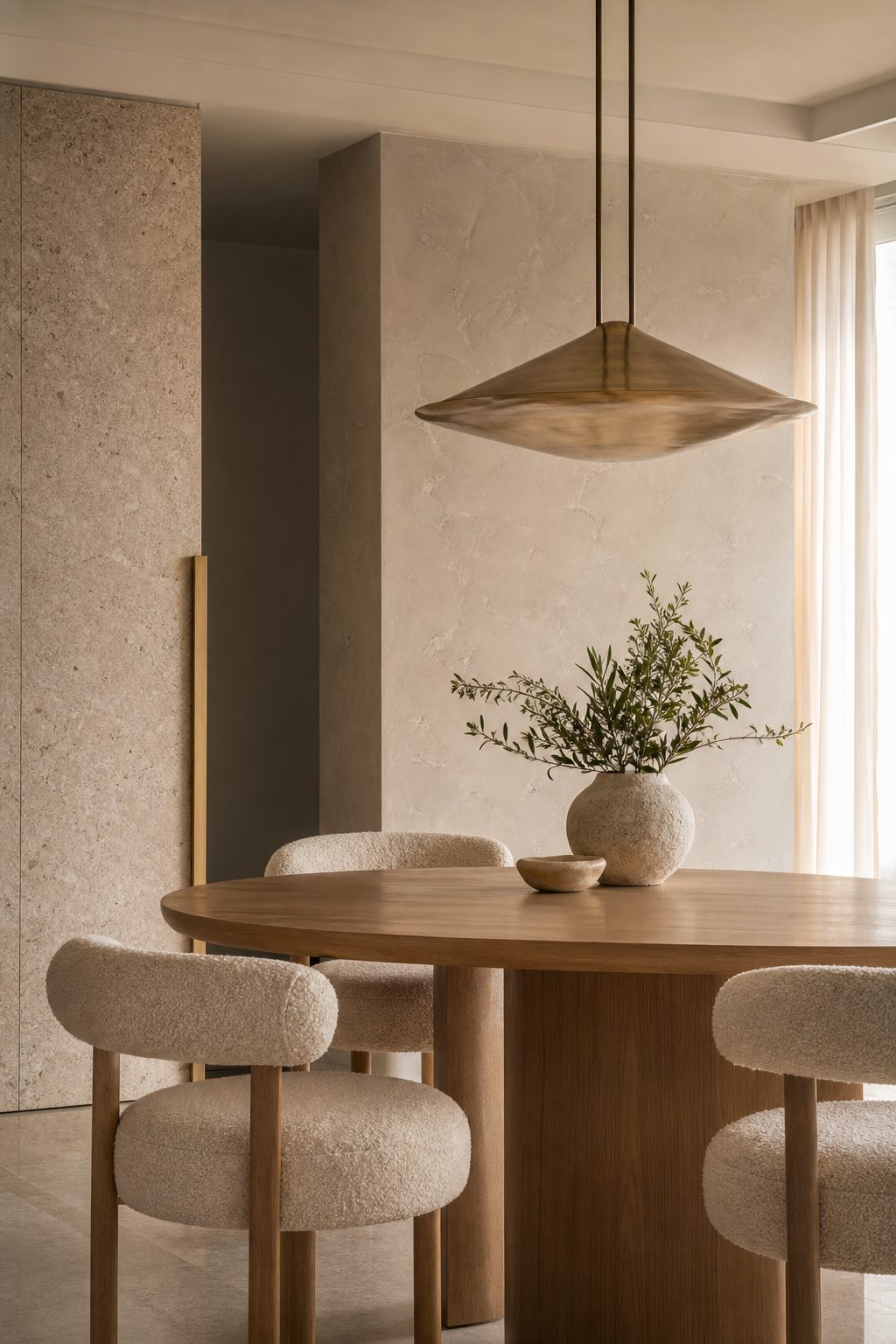 Dining nook with oval oak table and sculptural pendant