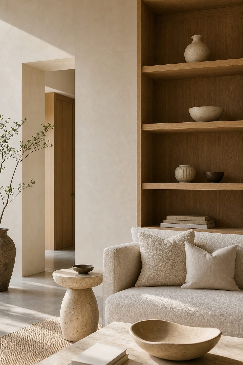 Living room concept with linen sofa and warm oak shelving