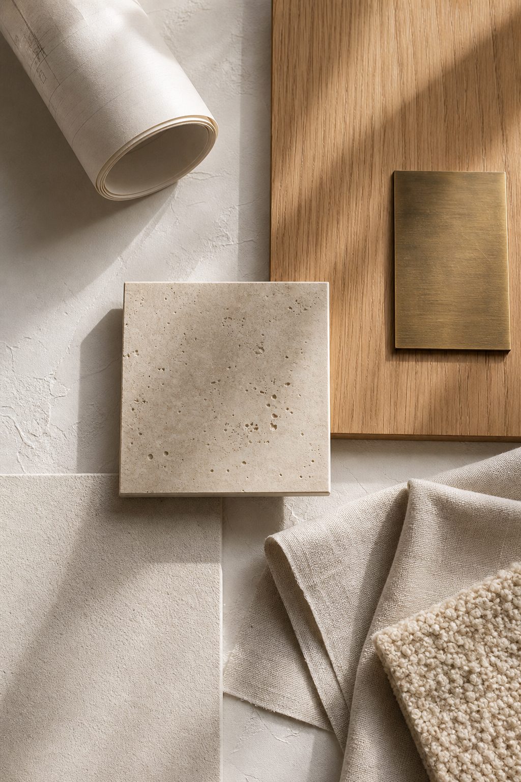 CRÆFT & Co studio moodboard of oak, travertine, brass and linen material samples